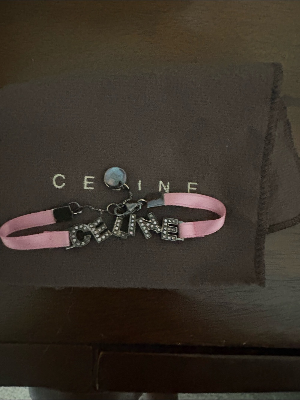 Celine Pink Satin Ribbon Bracelet with Crystal Logo